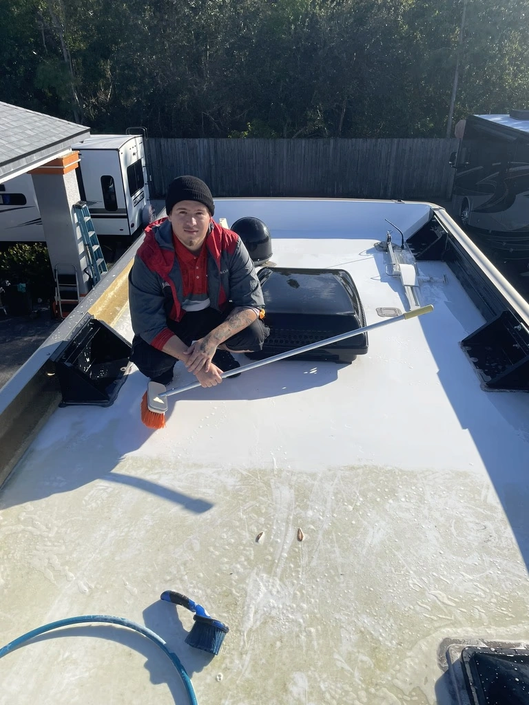 Deep roof cleaning on a Class A motorhome